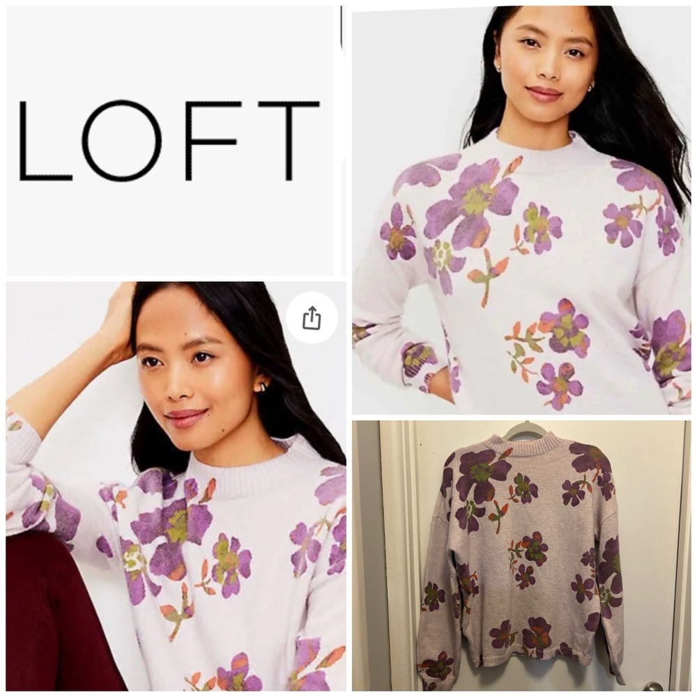 LOFT Women's Floral Mock Neck Super Soft Sweater - Lavender and Olive